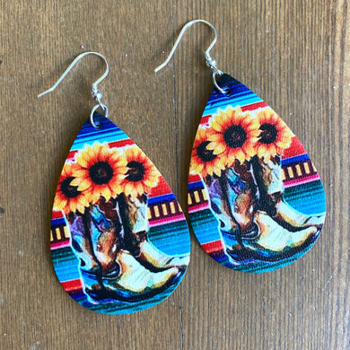 Cowgirl Boots and Sunflower Leather Drop Earrings