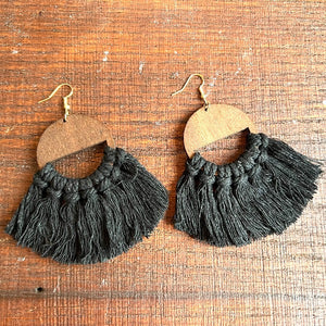 Macrame and Wood Drop Earrings