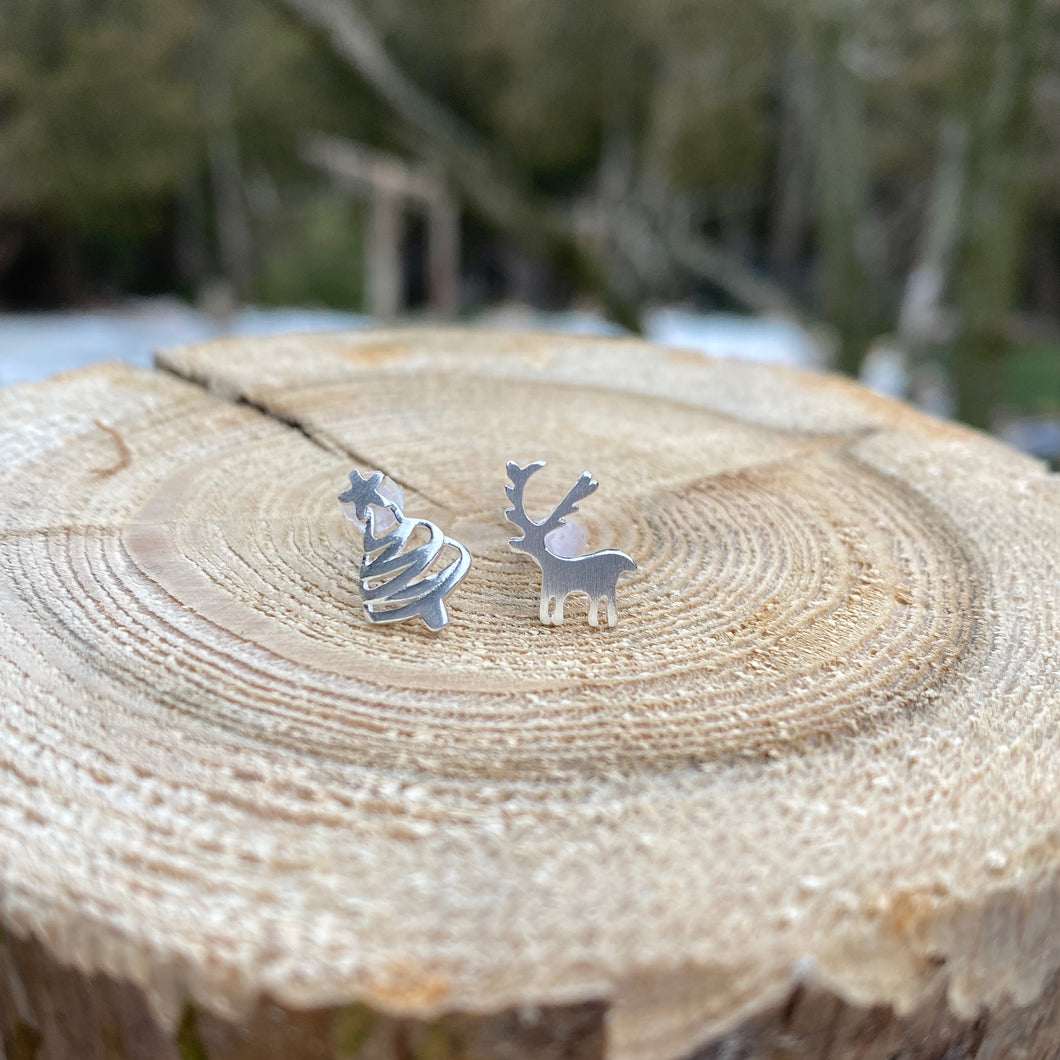 Sterling Silver Reindeer and Christmas Tree Stud Earrings - It's a Beautiful Life Boutique 