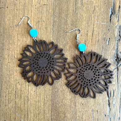 Wooden Sunflower Drop Earrings