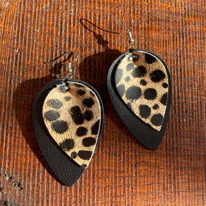 Leopard Print on Black Leather Inverted TearDrop Earrings - It's a Beautiful Life Boutique 