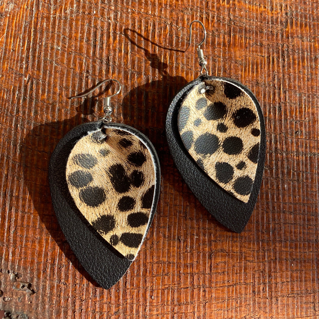 Leopard Print on Black Leather Inverted TearDrop Earrings - It's a Beautiful Life Boutique 
