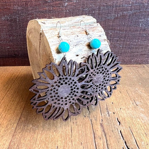Wooden Sunflower Drop Earrings